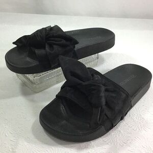 Restricted Black Satin Bow Slide Sandals